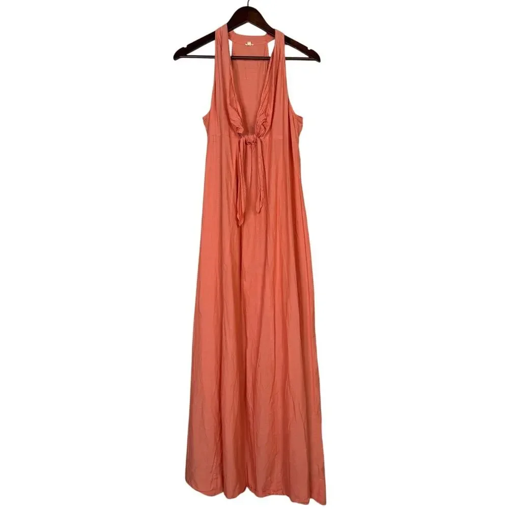 J.Crew Chambray  Sleeveless Halter Tie Front Maxi Dress VNeck Lightweight Salmon